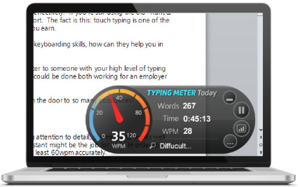 TypingMeter tracks your WPM improvement over time and analyzes your challenging keys Typing Speedometer Screenshot